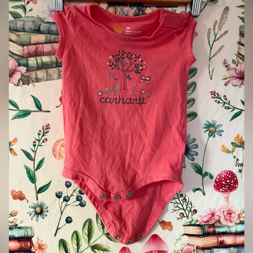 Carhartt 9m (9/12 imo) pink onesie rabbit deer butterfly tree flowers farm girl